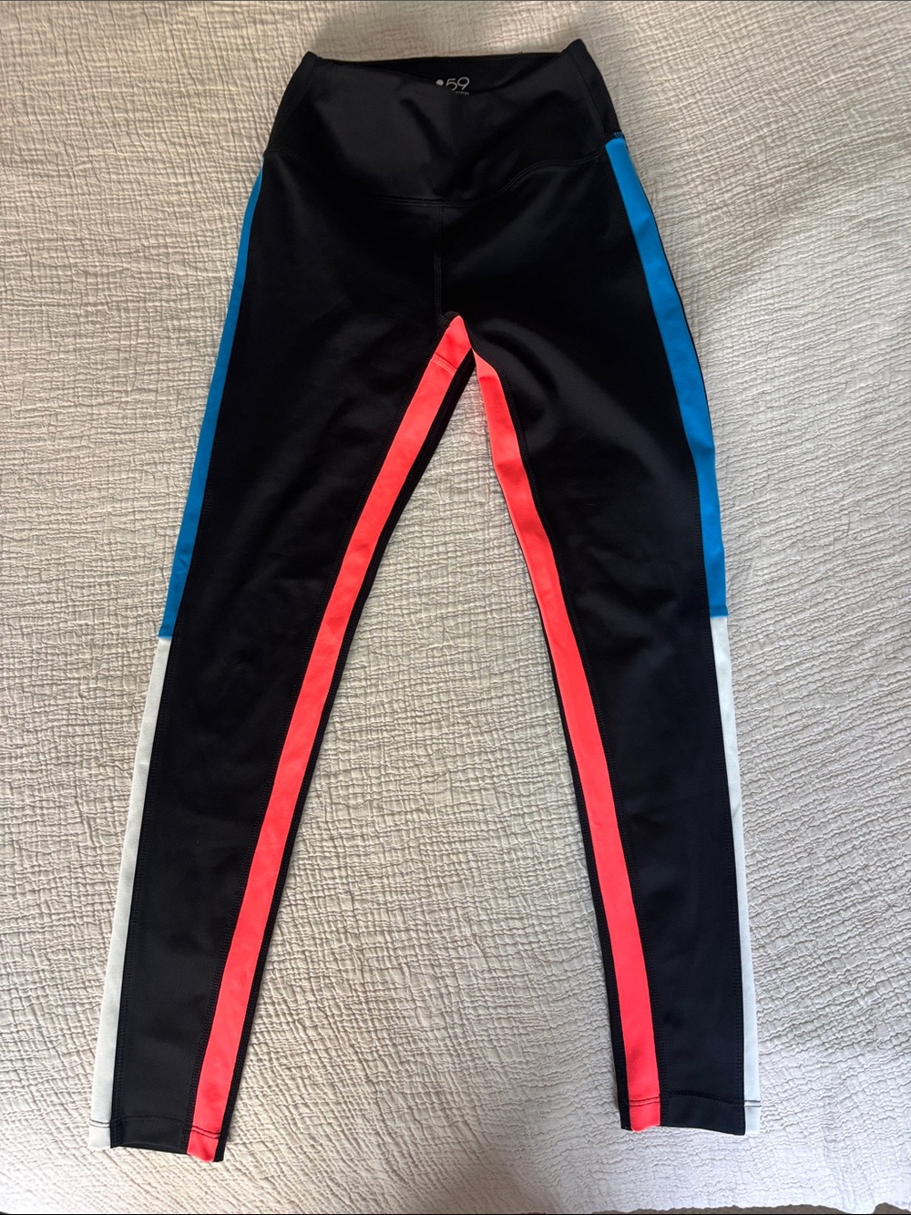 Black Colorblock Athletic Leggings with Blue, White & Coral Panels